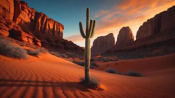 Desert Landscape with Cactus, Sand, and Rock Formation photo