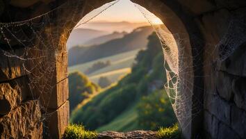 Landscape Through Stone Archway with Spiderweb photo