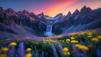 Waterfall View From Field of Purple and Yellow Flowers at Sunset photo
