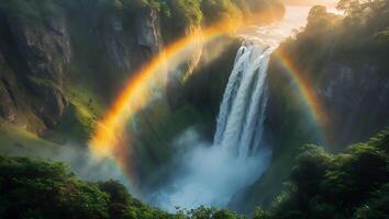 Waterfall with Rainbow in Green Landscape photo