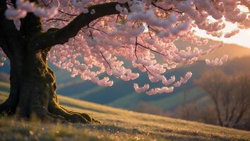 A tree with pink blossoms in the sunset photo