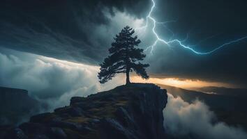 Tree on Cliff Lightning Storm Landscape photo