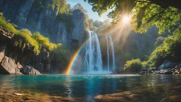 Waterfall with Rainbow and Sunlight in Nature photo