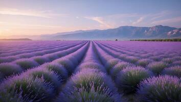 Lavender Field with Mountain Landscape at Sunset photo