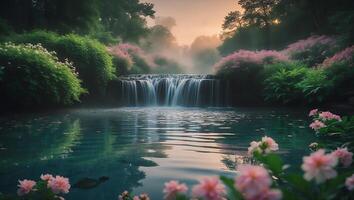 Waterfall Scenery with Flower and Pond at Sunrise photo