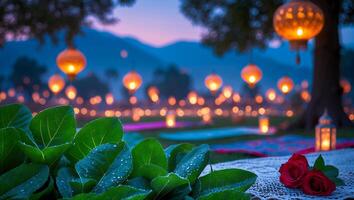 Outdoor Picnic with Lantern and Rose photo