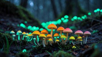 Glowing Mushroom in Dark Forest Scenery photo