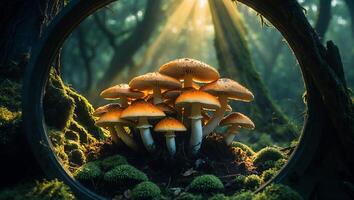 Mushrooms in a circular frame in the forest photo