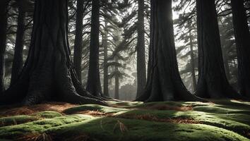 Forest View with Tall Trees and Green Moss Landscape photo