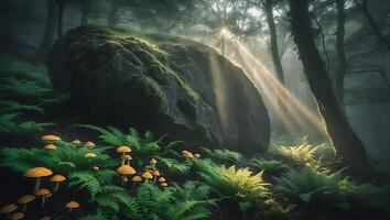 Mushroom and Rock in Misty Forest with Sunlight photo