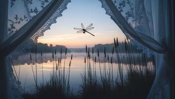 Dragonfly Flying Over Misty Lake at Sunrise photo