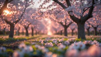 Cherry Blossom Trees in Orchard at Sunset photo