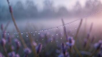 Dew Drops on Spider Web Over Lavender Flower photo