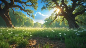 Beautiful Meadow with Daisies and Trees on a Sunny Day photo