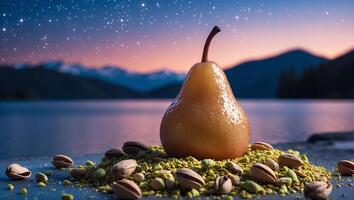 Pear with Pistachios in Mountain Lake Setting photo