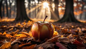 Caramel Apple in Autumn Forest with Leaves photo