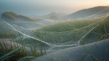 Spiderweb on Dune Grass with Water Droplets photo