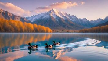 Duck Swimming in Lake with Mountain Background photo