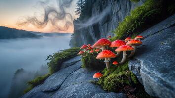 Fly Agaric Mushroom on Rocky Hillside with Foggy Valley photo