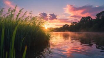Sunrise Over Still Lake with Tall Grass and Trees photo