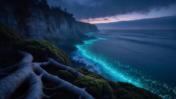 Glowing Beach Under Cliff Landscape photo