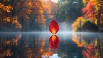 Red Leaf on Lake with Autumn Trees Reflection photo
