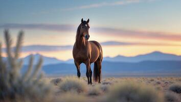 Brown Horse in Desert Landscape with Mountains and Sunset photo