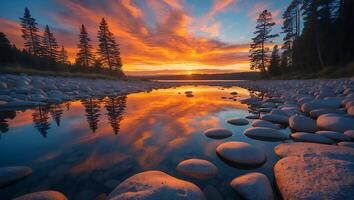 River Sunset with Rocks and Trees photo