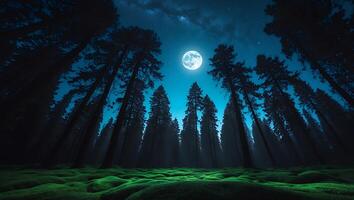 Forest at Night with Moon and Mossy Ground photo