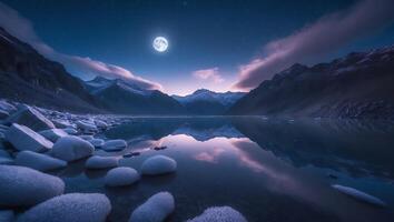 Mountain Lake Under Moonlight with Reflection photo