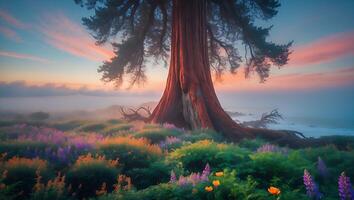 Giant Tree with Colorful Flowers and Ocean Scenery photo