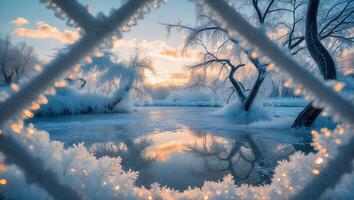 Frozen Lake with Snowy Trees and Sunset photo