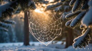 Spiderweb in Winter Forest with Sunlight photo