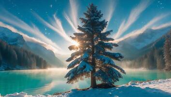 Snow Covered Tree by Lake in Winter Scenery photo