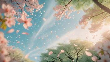 Cherry Blossom Bloom with Blue Sky and Falling Petals photo