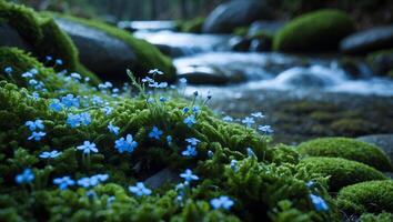 Blue Flower and Moss by Stream photo