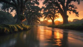 River View with Mossy Trees at Sunset photo