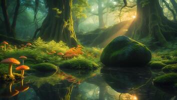 Mushroom in Forest with Sunlight and Mossy Rock photo