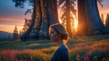 Woman in Forest Meadow at Sunset with Giant Trees photo