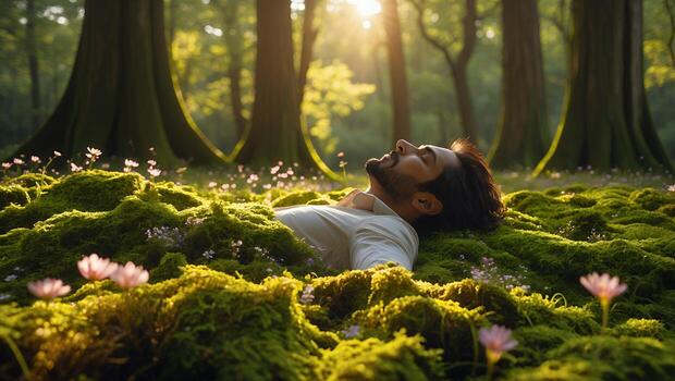 Man Lying on Moss in Forest with Sunshine Through Trees photo