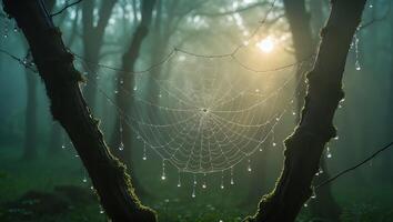 Spider Web with Water Droplets in Misty Forest photo