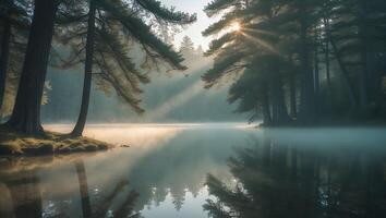 Peaceful Lake in Forest with Sun Rays and Mist Landscape photo