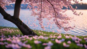 Cherry Blossom Tree Near Water at Sunset photo