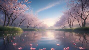 Cherry Blossom River Scene with Pink Petals and Calm Water photo
