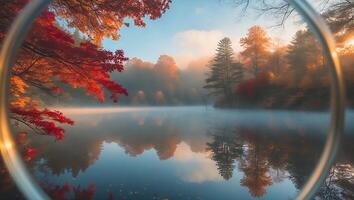 Lake Through Lens During Autumn with Red Trees and Fog photo