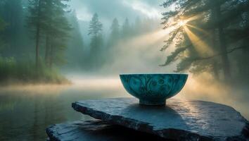 Turquoise Bowl in Misty Forest Landscape photo