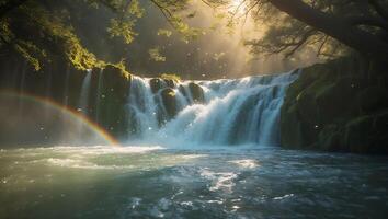 Beautiful Waterfall with Rainbow and Lush Greenery photo