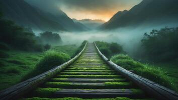 Mossy Wooden Bridge in Misty Green Mountain Landscape photo