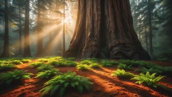 Giant Redwood Tree in Forest with Sunlight photo