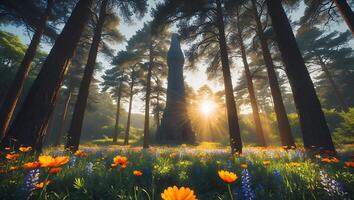 Monument in Forest Clearing with Wildflower Meadow photo